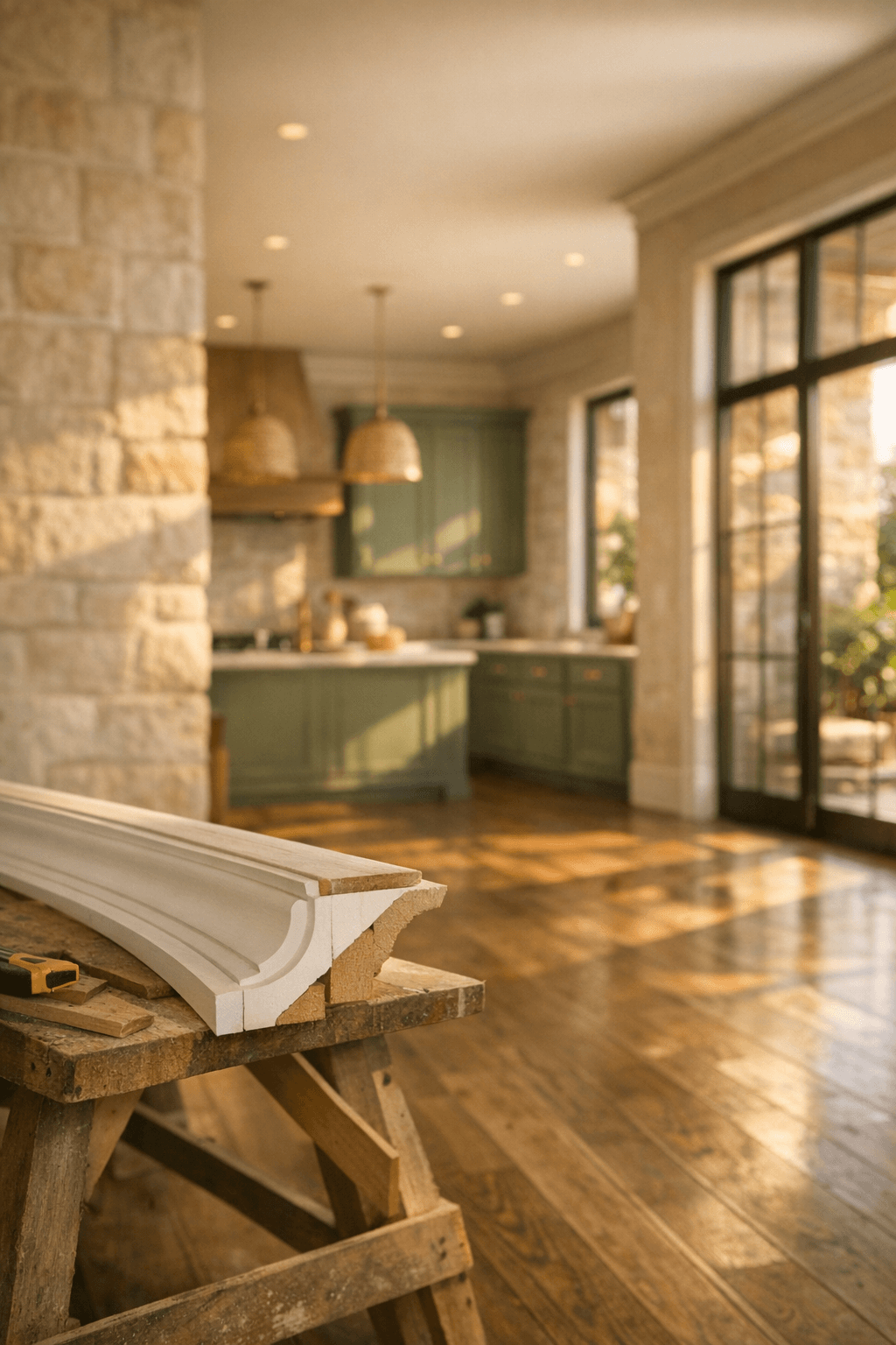 Sun-drenched custom home interior with sage green cabinetry, warm limestone walls, and golden morning light showcasing fine craftsmanship details