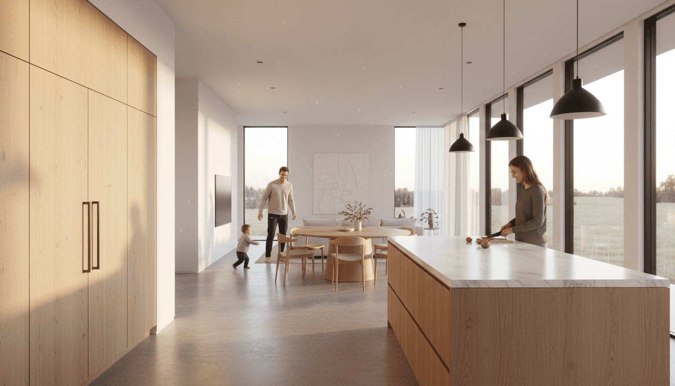 Modern custom home interior showcasing quality craftsmanship and timeless design in a bright open concept space