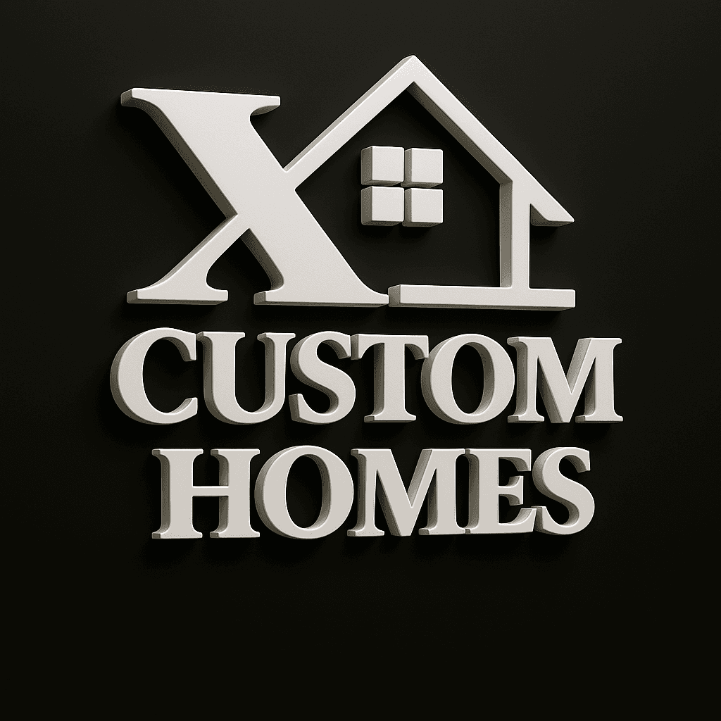 3D white logo with an X and house icon above text CUSTOM HOMES on black.